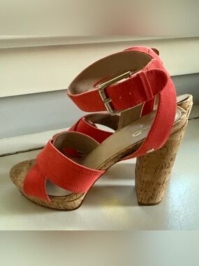 Mix No. 6 Coral / Orange Suede Cork Block Heel Sandals Size 8.5 Like New